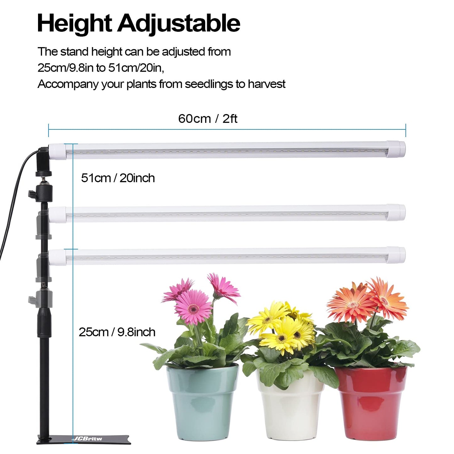 JCBritw Desktop LED Grow Light Bar T8 2ft, Full Spectrum, Adjustable, Aluminum, White, Model ASPT8STAND-1