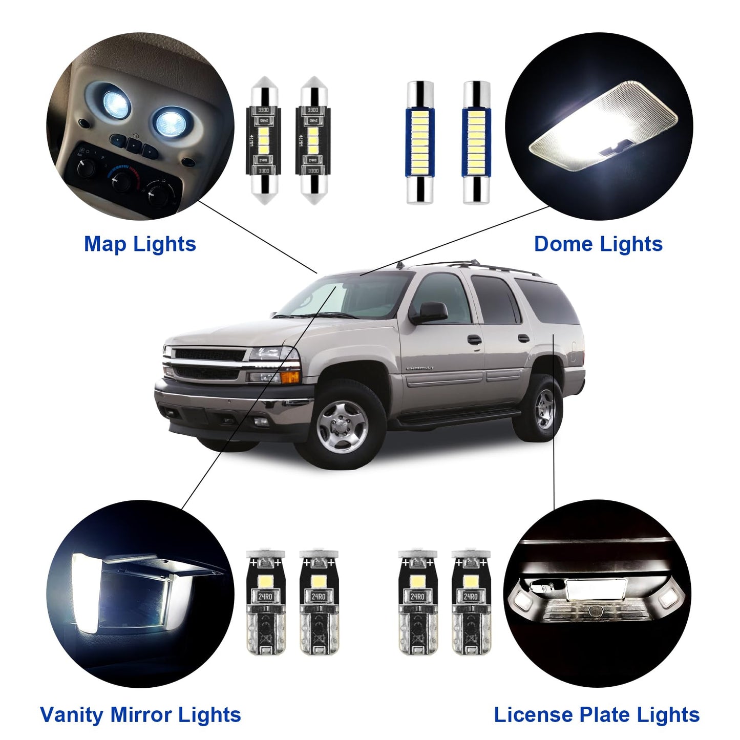 21Pcs Car Interior Lights: Super Bright Bulbs 6000K White Led For 2000 2001 2002 2003 2004 2005 2006 Chevy Tahoe/Suburban All Models Lighting Package Kit Includes Light Accessories + Install Tool