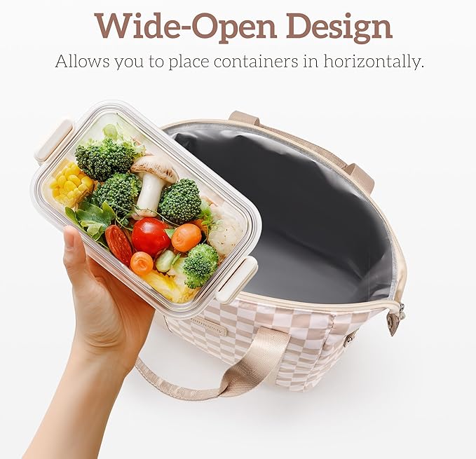 Lunch Bag Women Insulated Lunch Box,Cute Lunch bags,Reusable Large Capacity Leakproof Cooler Bag with Adjustable Shoulder Strap for Men Adult Work Office Picnic Travel Checkered Brown