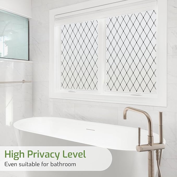 LUTE Frosted Window Privacy Film, Static Cling UV Sun Blocking Heat Control Window Cover, Removable Non-Adhesive Glass Sticker Vinyl Decorative Bathroom Frosting Decals, Black Lattice, 23.6" x 118.1"