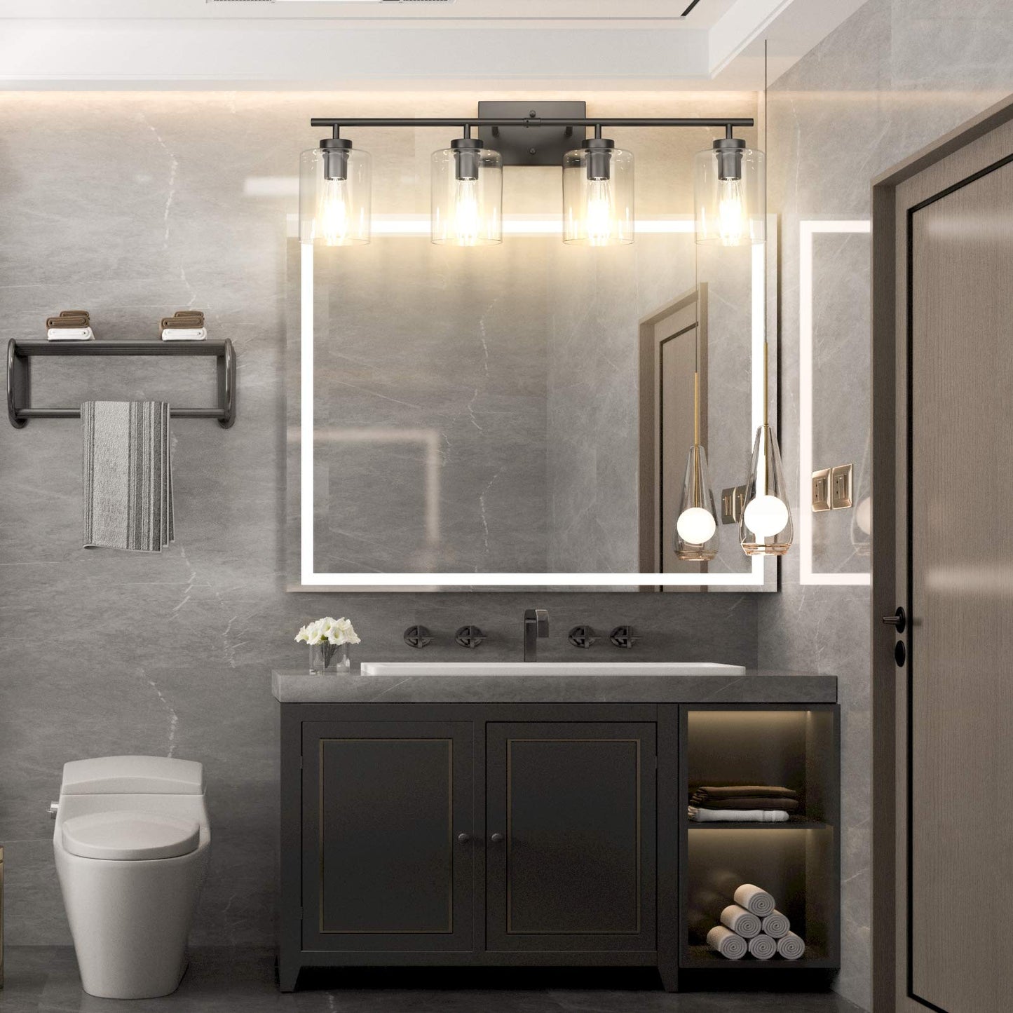 Aipsun Black Bathroom Vanity Light Fixture - 4 Lights, Clear Glass Shades, 31 Inch, Model 2083-4T