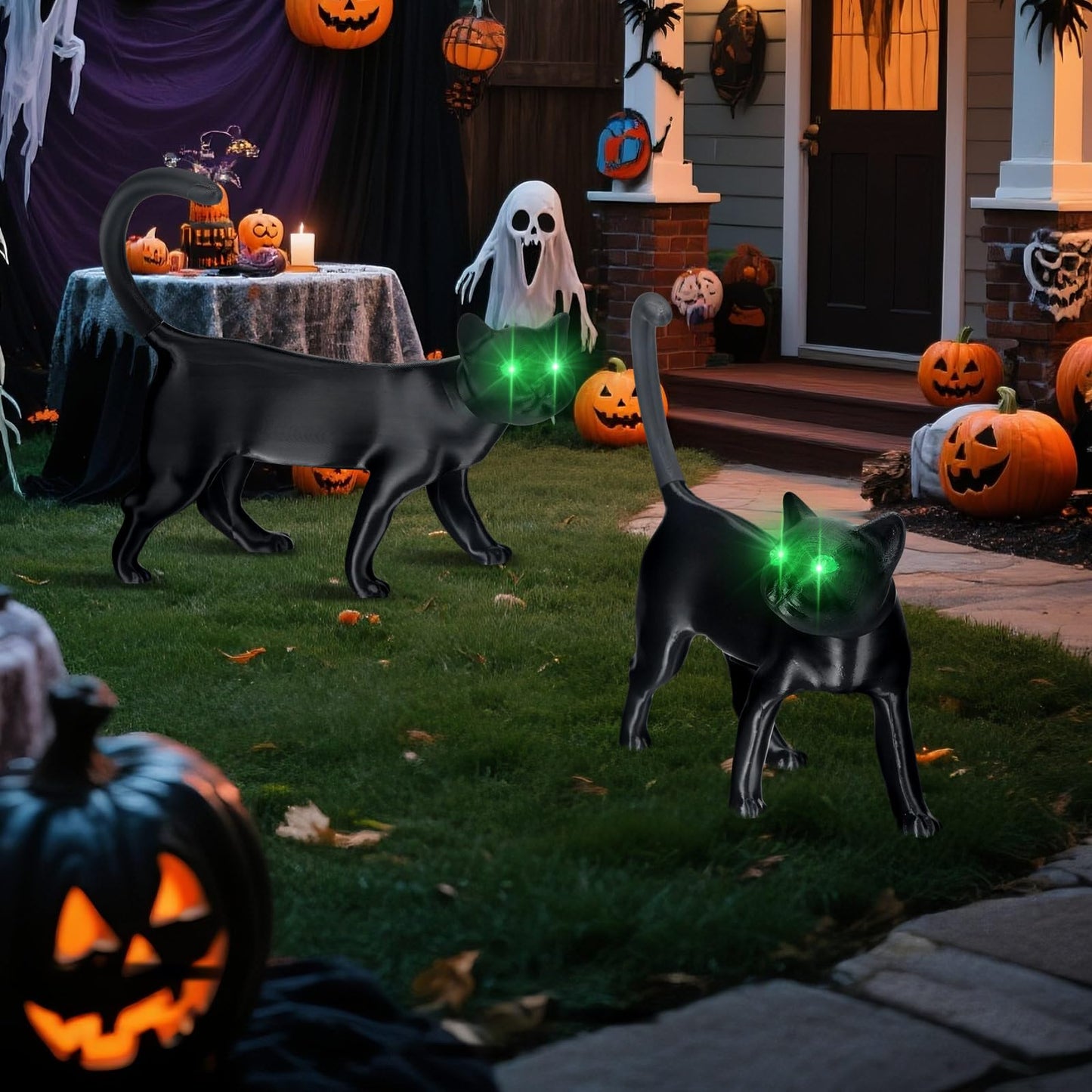 Retisee 2 Pcs Halloween Black Cat Decoration Yard Signs With Green Glowing Eyes 12 Inch Creepy Cat Figurine Animated Light For Indoor Outdoor Halloween Party Decoration Table Centerpieces Spooky Gift