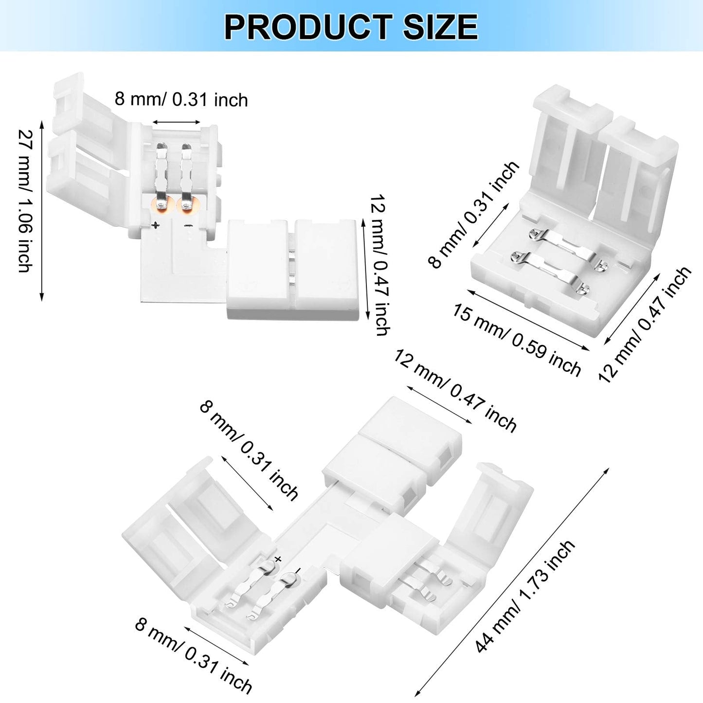 Mudder 40 Pieces LED Strip Connectors T Shape L Shape 8mm Plastic White 3528 2835 SMD RGB