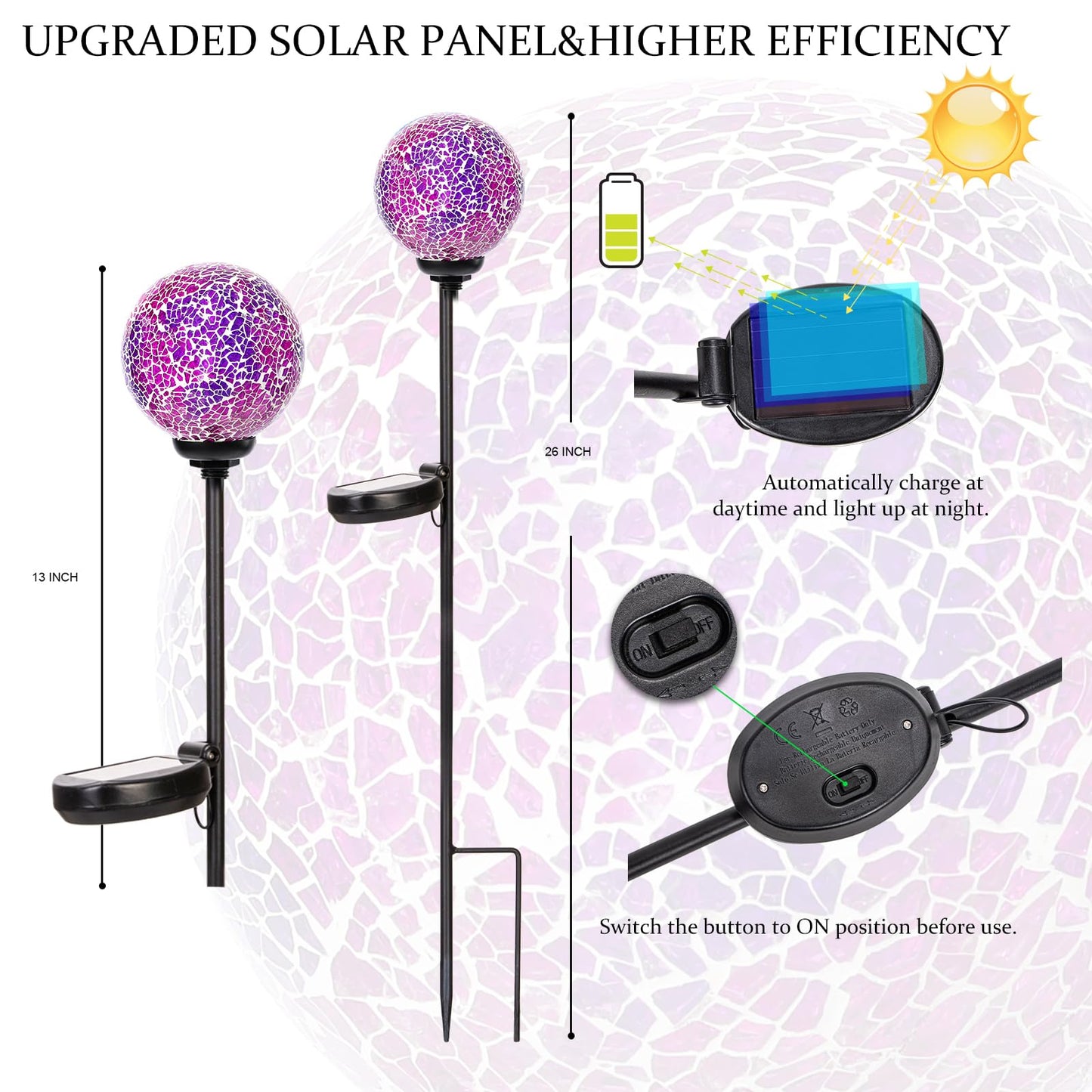 VCUTEKA Solar Garden Lights - Waterproof LED Stake Light, Mosaic Design, Purple & Red, for Landscape and Yard Decoration, Model B09Y536BVF