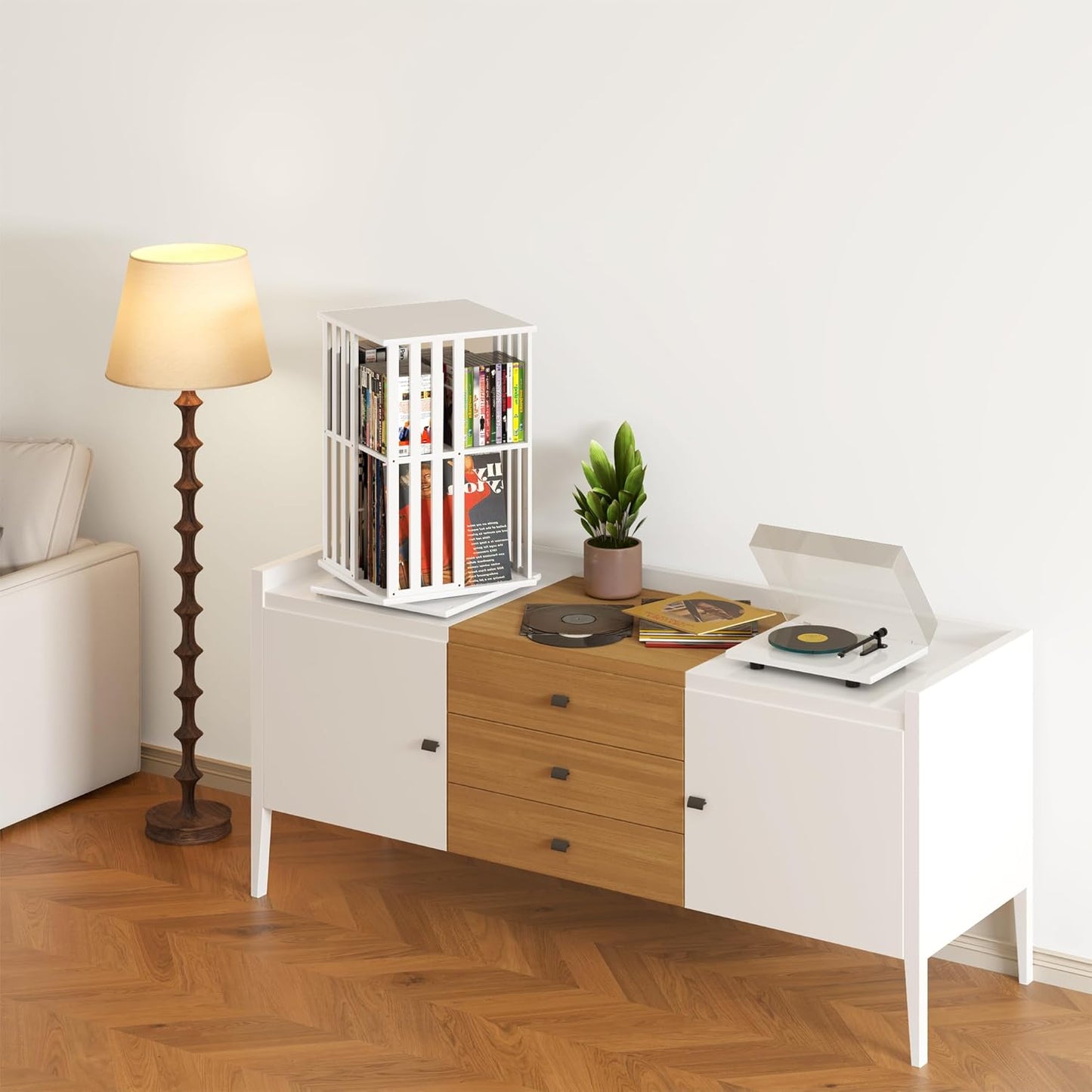 XIMN 360° Rotating Bamboo CD/DVD Shelf - 6-Tier Space-Saving Media Storage Cabinet for Movies, Organizer with Super Compact Design (White, 2 Tier)