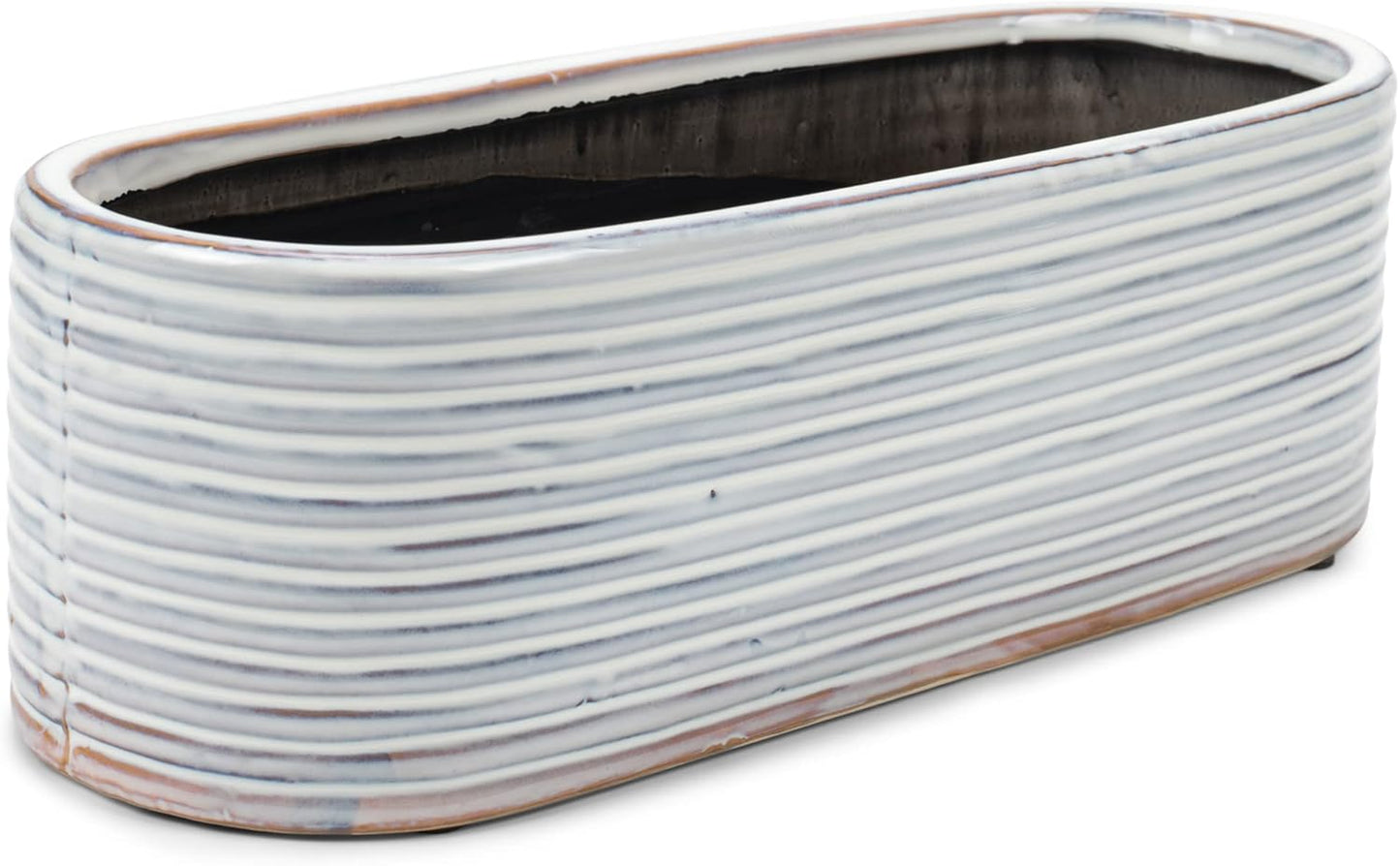 Napco Distressed White Ribbed Oval 15 x 6 Ceramic Table Top Planter