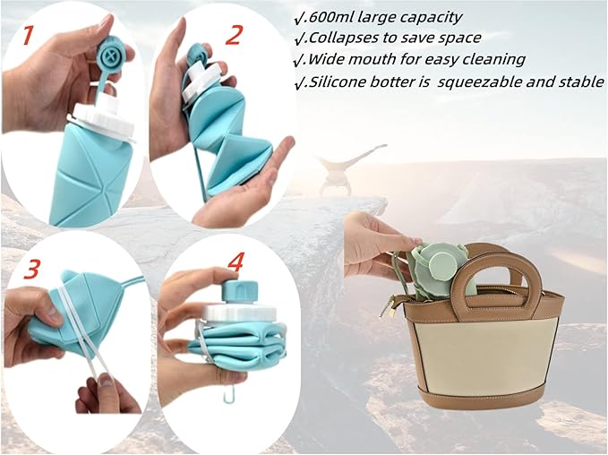 Gift for Father Day and Graduation, New Portable Silicone Collapsible Water bottle with Cooling Towel for Traveling and Outdoor Sports,600ml BPA Free Water Bottle,Summer Essentials (Blue)