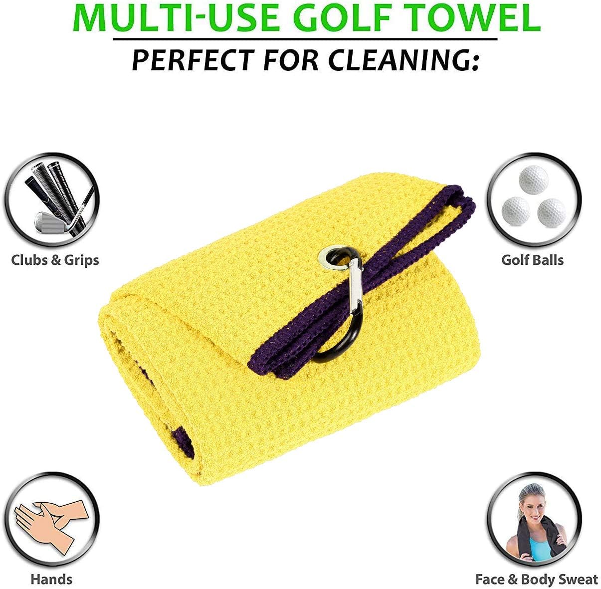Golf Towels, Microfiber Waffle Pattern Tri-fold Golf Towel - Brush Tool Kit with Club Groove Cleaner, with Clip Men Women Golf Gifts (Yellow Towel+Black Brush)