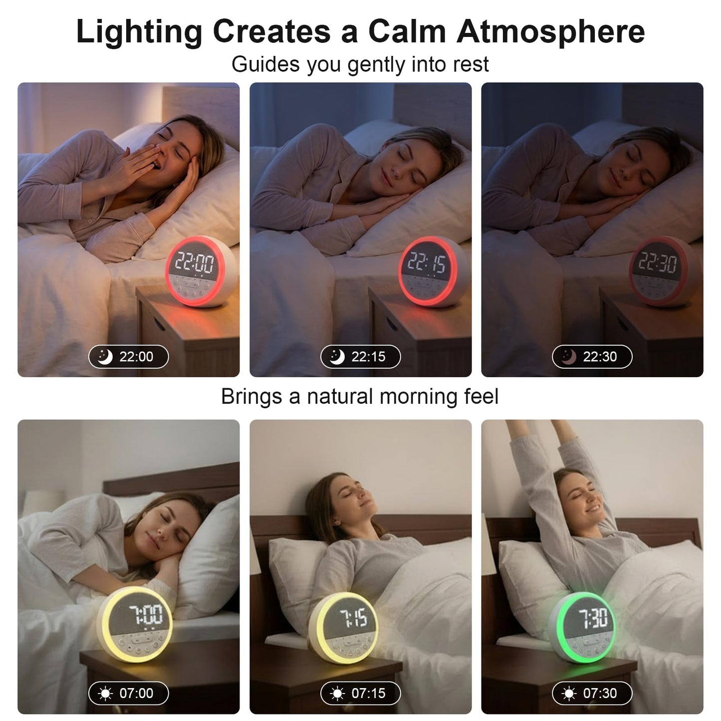 Sunrise Alarm Clock and Sound Machine Nightlight Adjustable Brightness, Rechargeable Wake Up Light Digital, Sleep Timer, Sleep Sounds, White Noise for Baby Kids Adults, Nature Soft Light for Bedroom