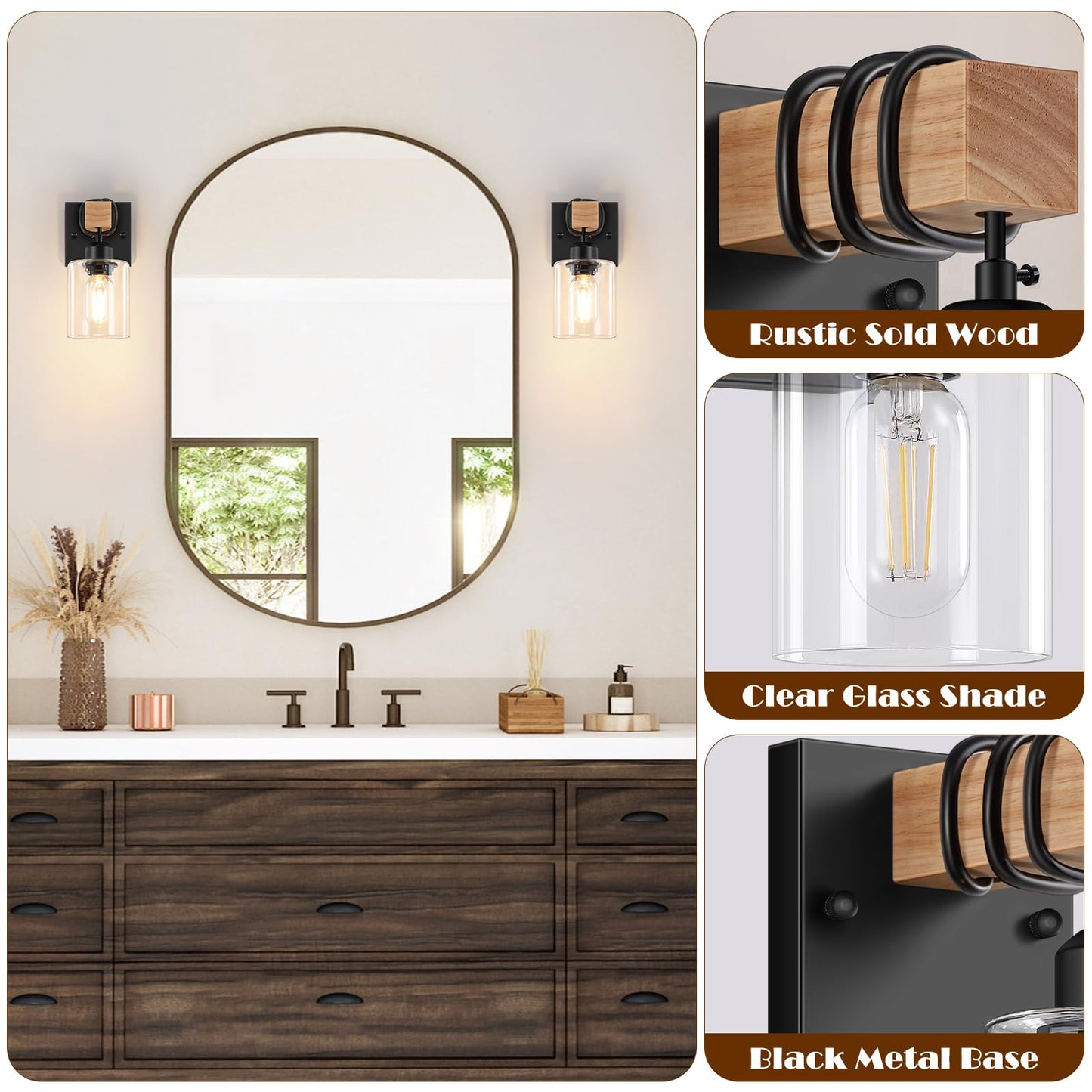 Licperron Set Of 2 Wall Sconces For Bathroom  Farmhouse 1-Light Matte Black Bathroom Vanity Light With Clear Glass Shades  Indoor Wall Mount Lighting Fixtures For Bedroom Living Room Mirror Kitchen