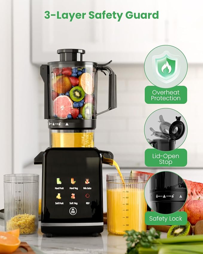 Kismile Cold Press Juicer Machine with 5 Modes, ABS Housing & HD Display, 4.35" Wide Feed Chute Slow Juicer for Fruits & Vegetables, Quiet Masticating Juicer Press, Easy to Clean, High Juice Yield
