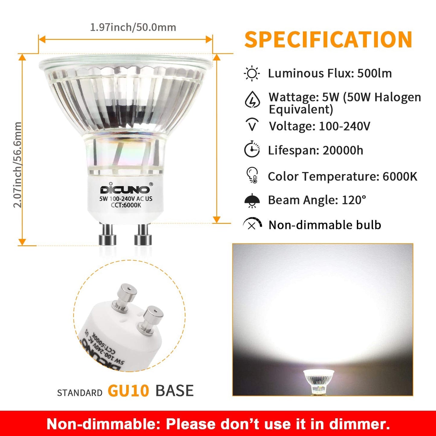 Dicuno Gu10 Led Bulbs 5W Daylight White 6000K, 500Lm, 120° Beam Angle, 10-Pack