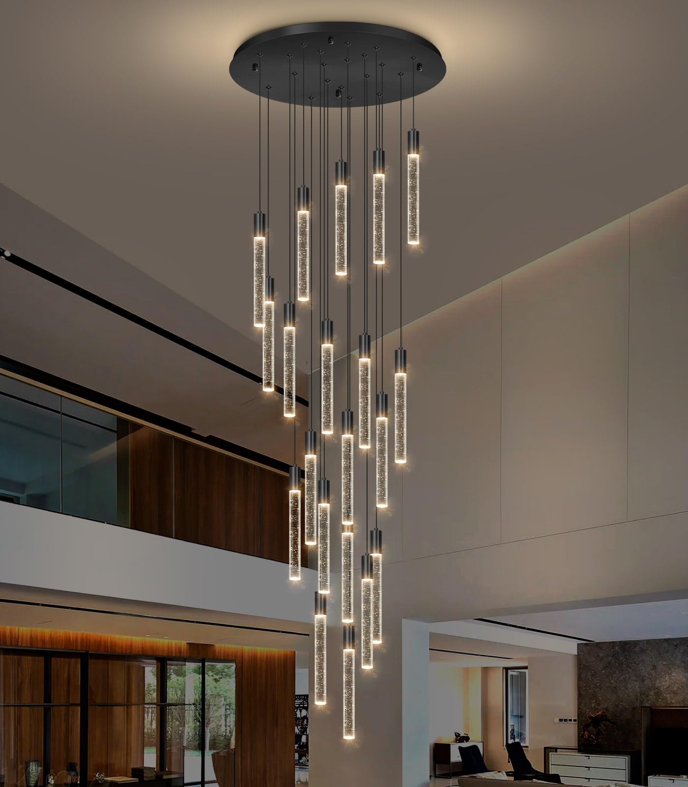 Haixiang 13 Foot High Ceiling Chandelier For Entryway Modern Crystal Lights For Living Room Foyer Flush Mount Sloping Ceiling Pendant Light Fixture Remote Dimmable 20-Lights Black