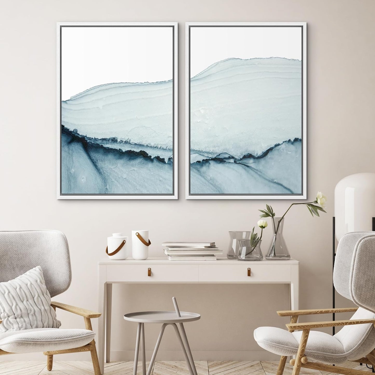 SIGNWIN Framed Wall Art Print Set Blue Paint Stroke Wave Collage Abstract Shapes Illustrations Modern Art Rustic Relax/Calm Multicolor for Living Room, Bedroom, Office - 16"x24"x2 White