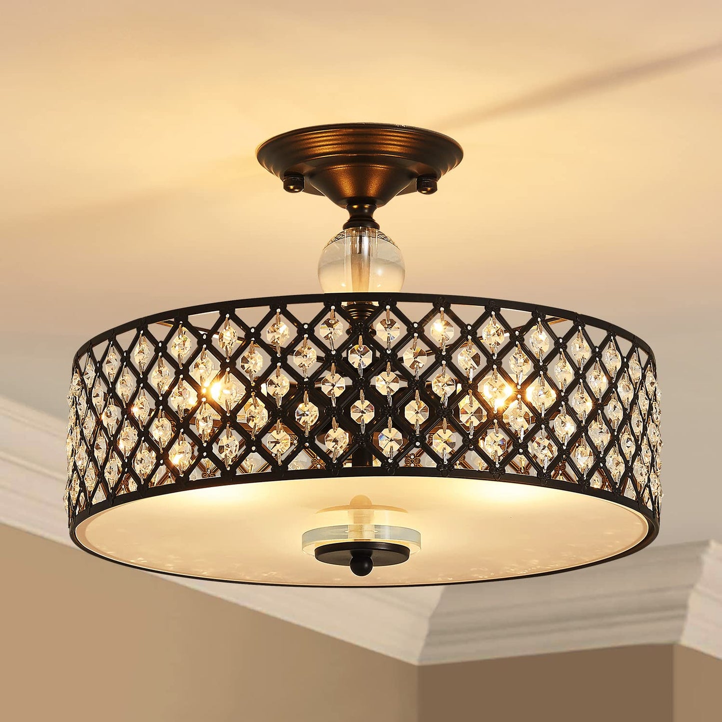 Saint Mossi Semi Flush Mount Ceiling Chandelier  Modern K9 Crystal Ceiling Light Fixture For Dining Room  Livingroom  Bedroom  H11 X D15.4  Matte Black Finish