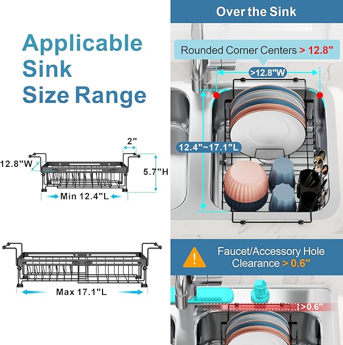 iSPECLE in Sink Dish Drying Rack with Silicone Sink Protector - Expandable Capacity Dish Drainer with Utensil Holder, 12.4"-17.1" L x 12.8" W, Black
