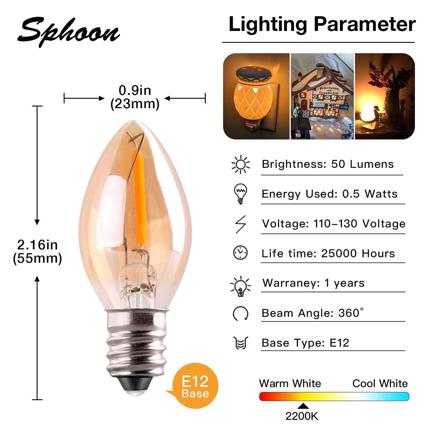 Sphoon C7 LED Bulb Pack of 5, 0.5W Nightlight Candle Bulb, Amber Glass 2200K, E12 Candelabra Base, Ultra Warm White