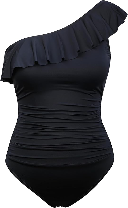 Hilor Women's One Piece Swimsuit One Shoulder Ruffle Tummy Control Bathing Suit Modest Slimming Swimwear Flattering Monokini