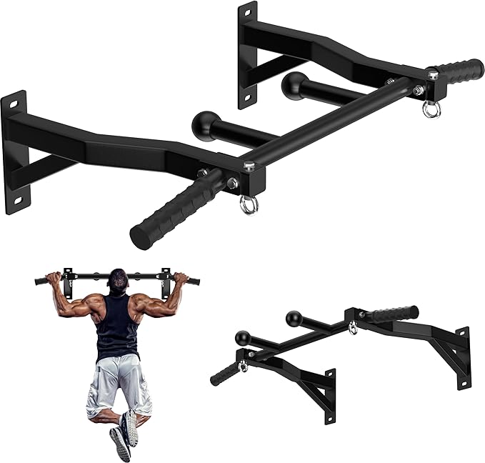 HWOOUSA Wall Mount Pull Up Bar, Heavy Duty Steel PullUp Bar Fits 16" & 24" Wood Studs, Multi Grip Pull Up Bar with Ball Fi...