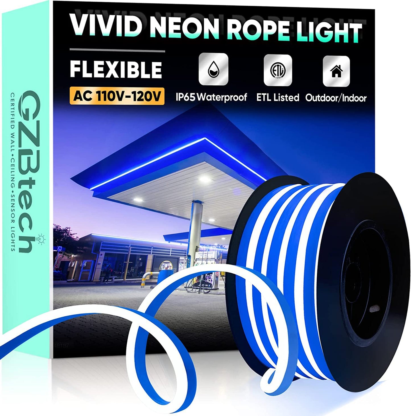 Gzbtech Flexible Led Neon Rope Lights 16.4Ft Ac 110-120V Waterproof Neon Strip Light  120Leds/M Cuttable Connectable Rope Lighting For Indoor Outdoor Home Decor/Commercial Building Use-Blue 5M