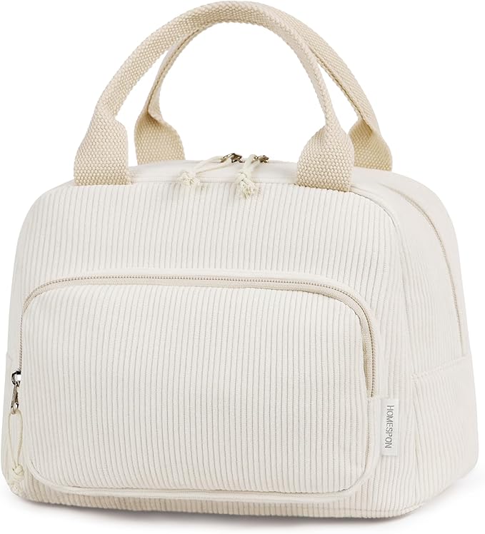 HOMESPON Lunch Bag for Women Men Adults with Front Pocket Cute Corduroy Insulated Lunch Tote Large Capacity Lunch Box Cooler Container for Work Picnic or Travel (Beige)