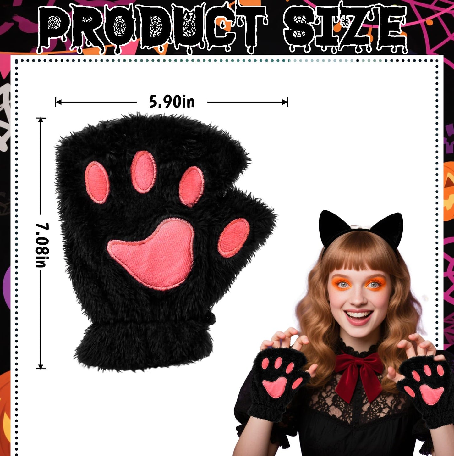 Dokeawo Fingerless Cat Paw Gloves, Furry Bear Plush Animal Mittens, Cute Cosplay Halloween Cat Costume Accessories for Women