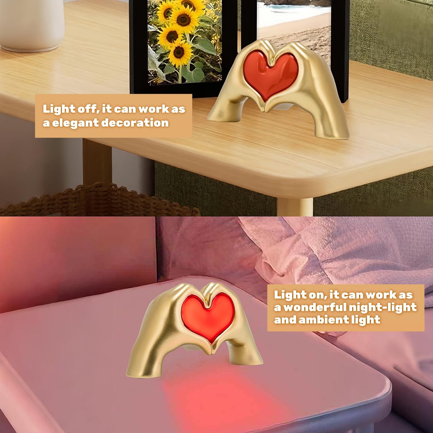 Heart Hands Sculpture Night Light  Love Heart Statue Usb&Battery Powered Desk Lamp  Gold Aesthetic Decor For Living Room  Bedroom  Shelf  Coffee Table  Thanksgiving Birthday Gift For Women Mom Girls