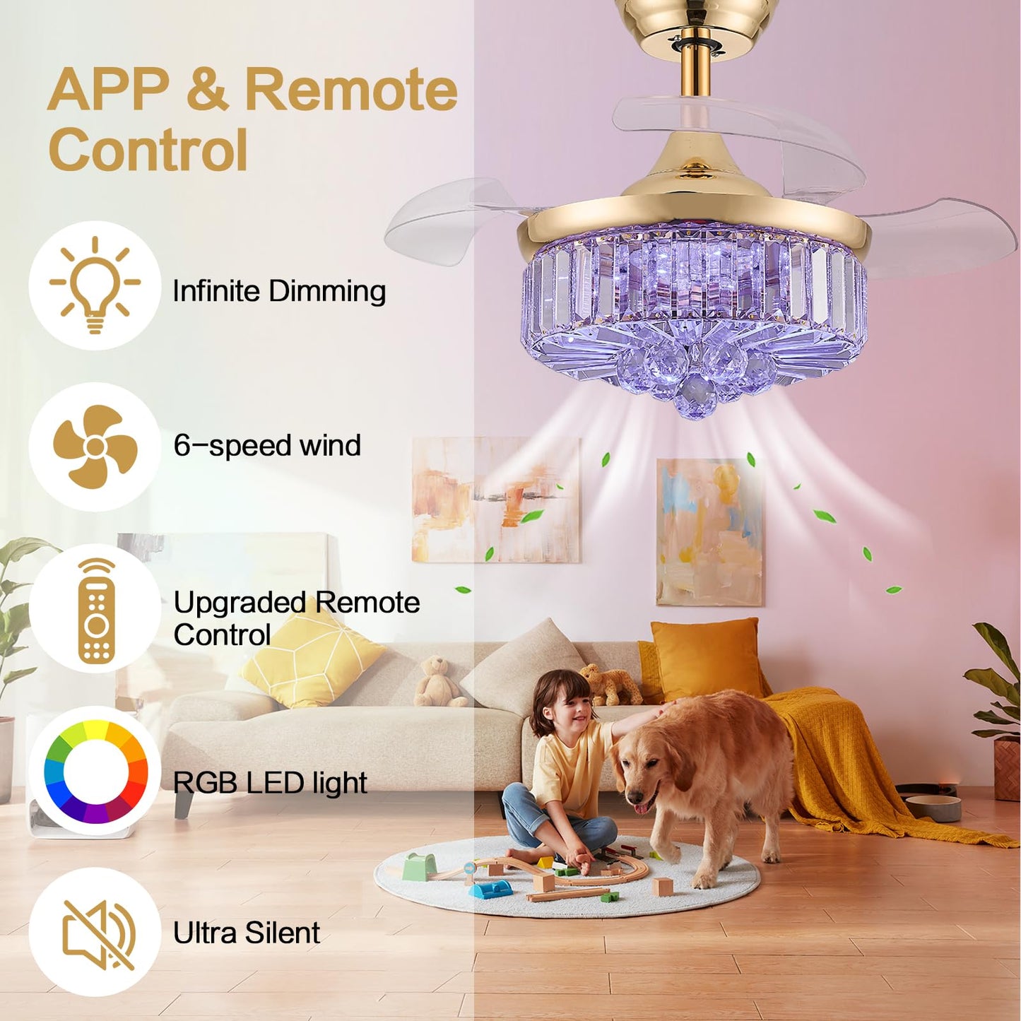 Zynfandor 30 Retractable Crystal Ceiling Fan With Light, Rgb Modern Fandelier 6 Speeds Reversible Blades Dimmable Chandelier Cei