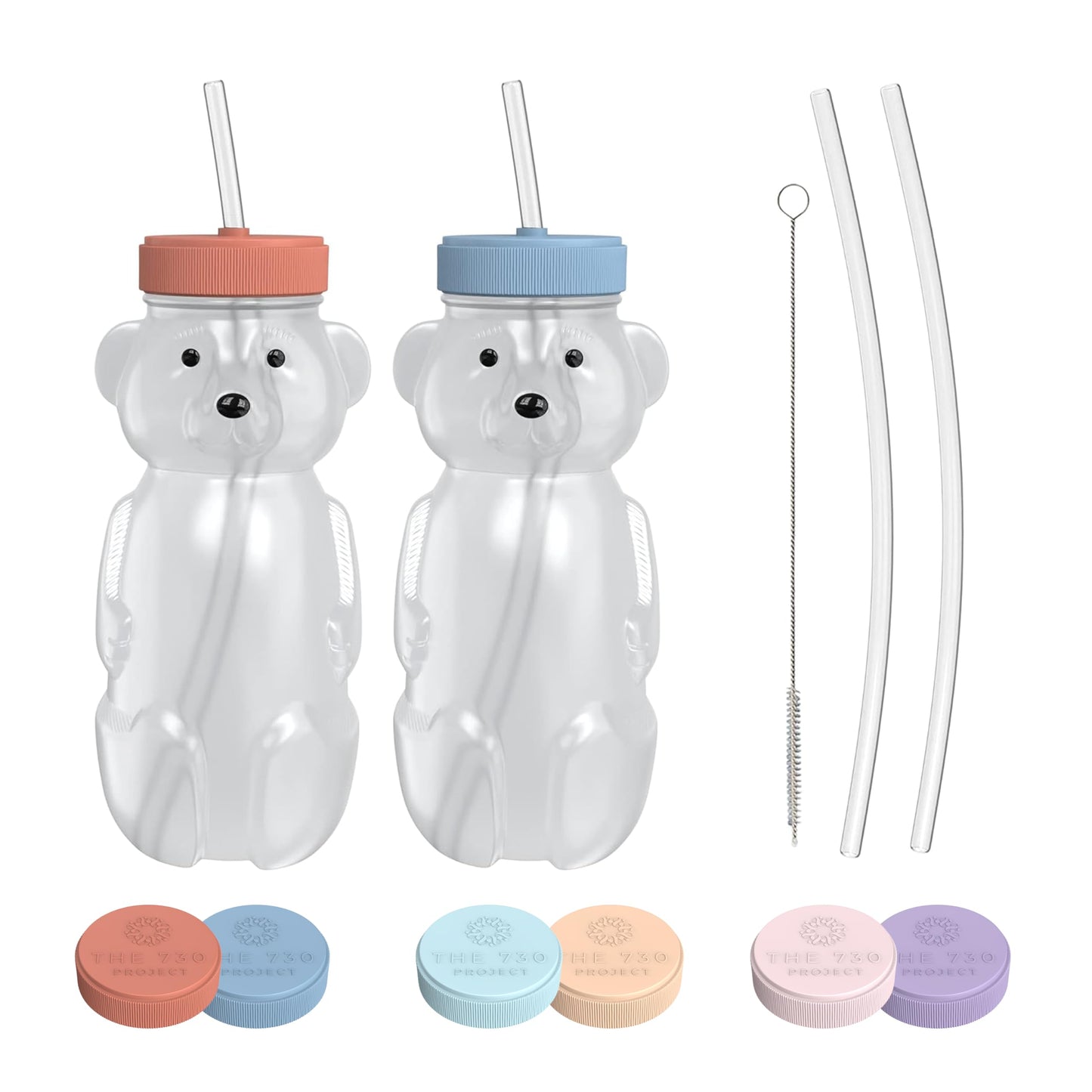 The 730 Project Honey Bear Straw Cup for Babies, 2-Pack Honey Bear Bottle with Travel Lid, Therapy Learning Honeybear Straw Cup, Baby Bottle Set, 8 oz, Blueberry Pie & Firetruck