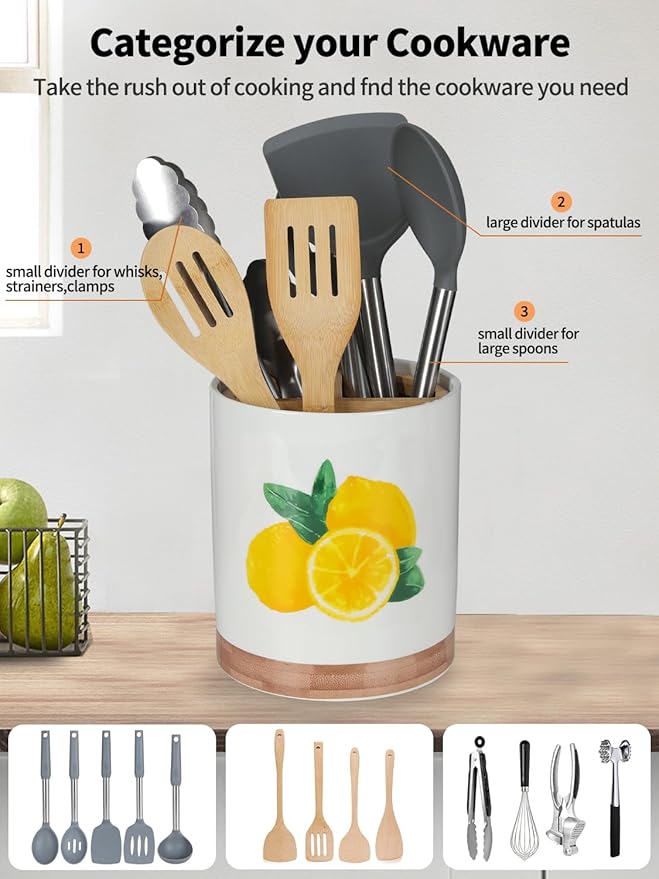 HAPPY KIT 7.6″ Extra Large Kitchen Utensil Holder 360° Rotating Utensil Holder for Kitchen Counter with 3 Removable Compartment, Housewarming Gift & Farmhouse Decor (Lemon)