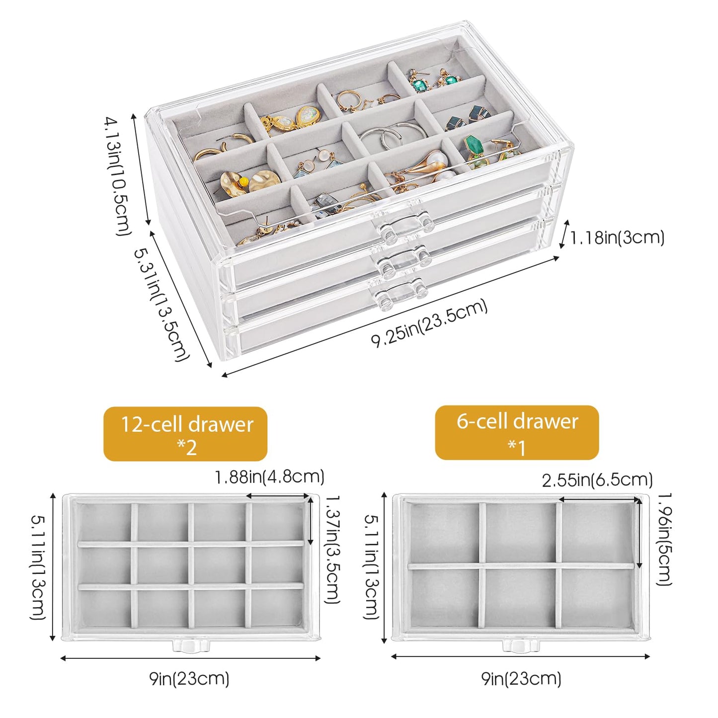 ProCase Earring Holder Organizer Jewelry Box with 3 Drawers, Acrylic Clear Earring Case with Adjustable Velvet Trays for Women -