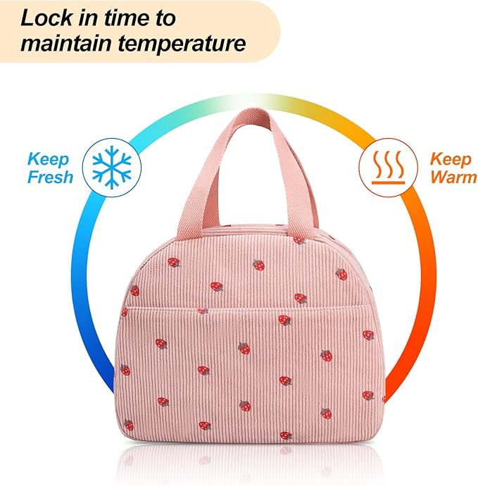 Lunch Box for Women,Cute Corduroy Lunch Tote Bag,Reusable Insulated Lunch Box,Large Capacity Cooler Bag with Compartments for Work, Picnics or Travelling