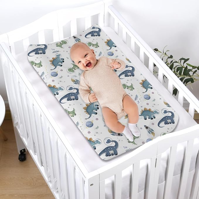 Watercolor Space Dinosaurs Baby Changing Pad Cover Dinosaur Rockets Planet Stars Leaves Diaper Changing Table Sheets for Girl Boy Soft Breathable Stretchy Fitted Change Pad Table Mats 32''x16''