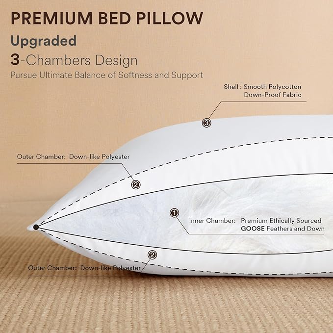 Goose Feather Down Pillow Queen Size, Luxury Soft Feather Pillow for Sleeping, Smooth Down-Proof Fabric, Hotel Collection Bed Pillow Surround Fill Polyester (White, 20"x30")