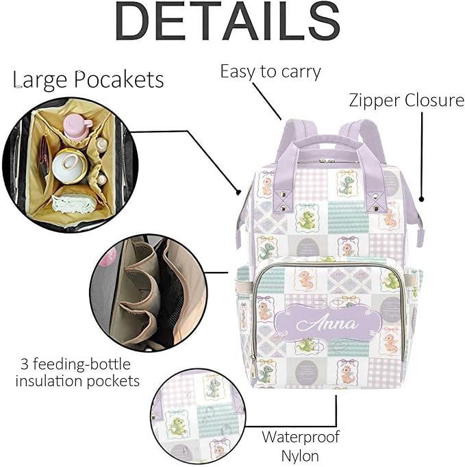 Personalized Cute Dragon Diaper Bag with Name – Custom Baby Bag, Nursing Tote Backpack for Mom, Custom Name Mommy Daypack, Shower Gift for Baby