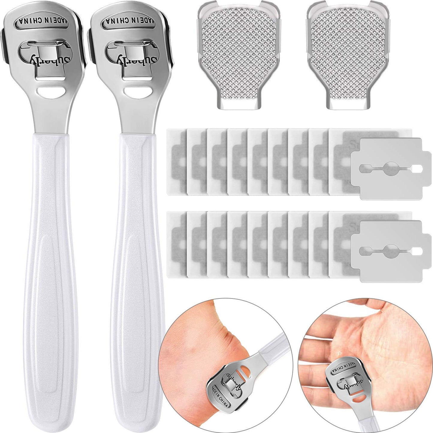 24 Pieces Callus Shaver Sets, 20 Replacement Slices Blades 2 Callus Shavers Stainless Steel and 2 Foot File Heads Foot Care Tool