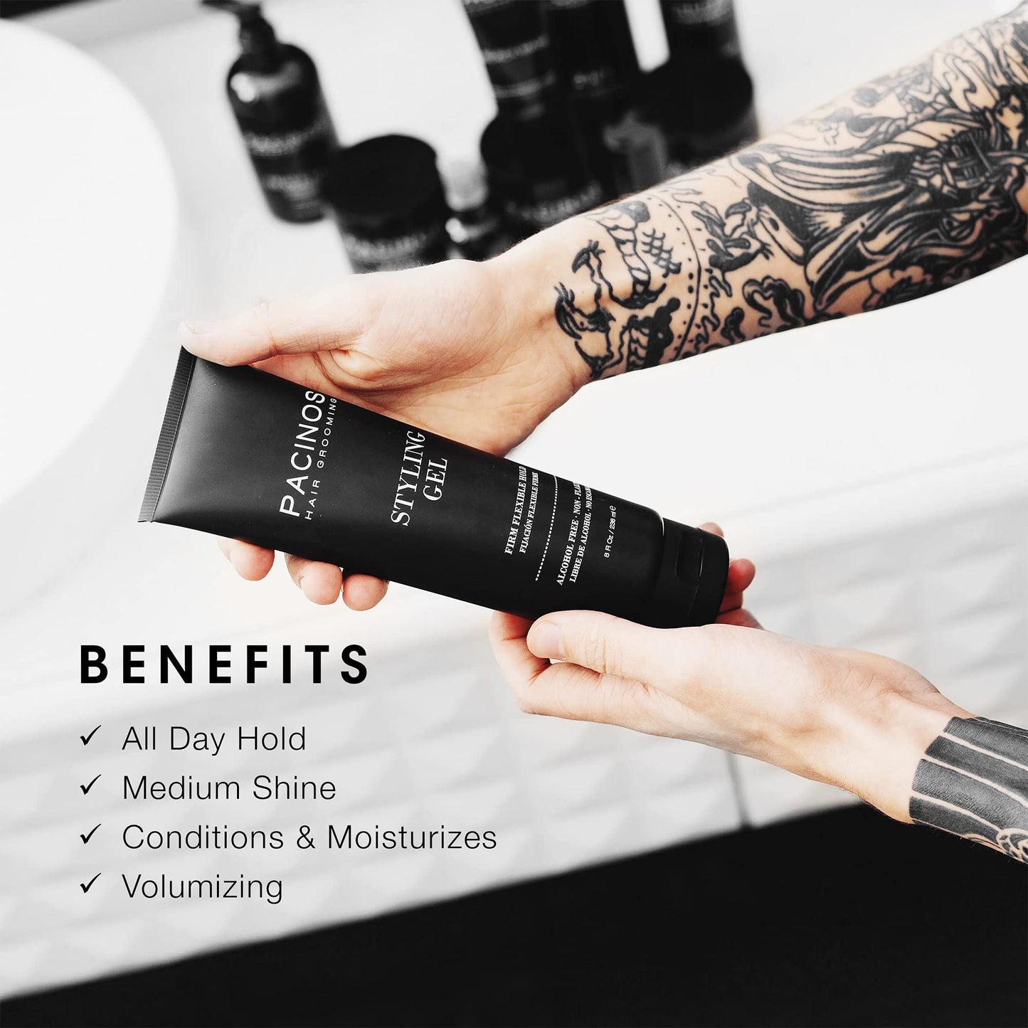 Pacinos Styling Gel - Medium Shine All Day Hold, Conditions and Moisturizes Hair while Adding Volume and Texture, No Dry Flakes