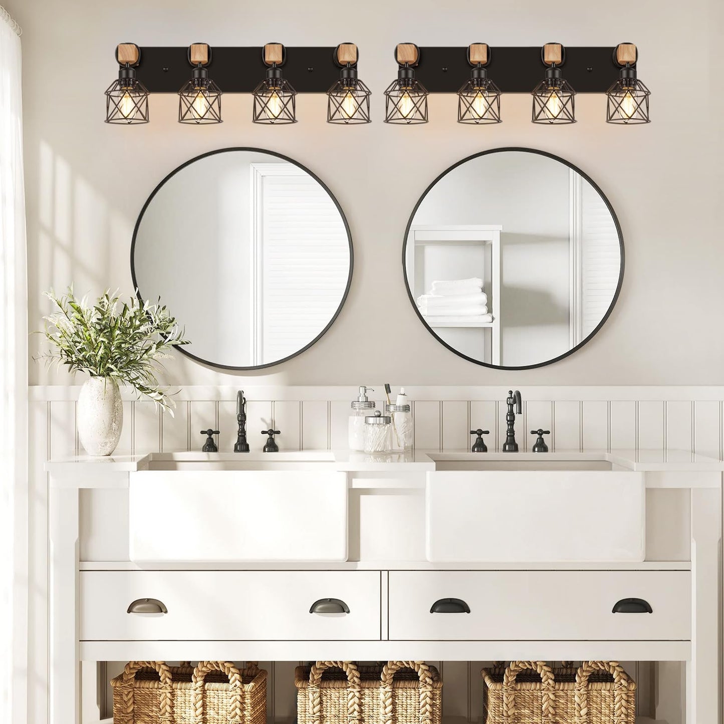 Fadimikoo 4-Light Rustic Wood Bathroom Vanity Light, Black Metal Cage Sconces, Model Fbd-07, Ideal For Hallway & Bedroom