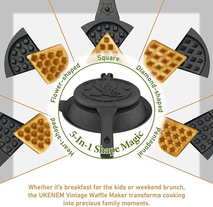 Cast Iron Waffle Maker with Low Base, Retro Waffle Iron with Five Waffles Shapes, Pre-Seasoned Two Piece Hinged Non-Drip Double Rim for Stove Top or Grill Makes (Waffle Irons-1)