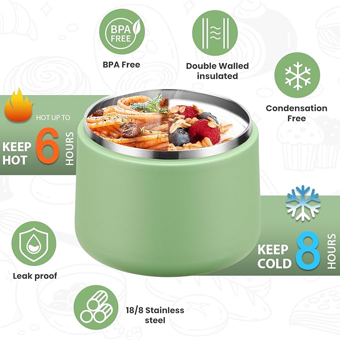Soup Thermo for Hot Food Kids 14oz Lunch Containers with Buckle Lid Wide Mouth Hot Food Jar Vacuum Insulated Stainless Steel Bento Box Leakproof with Spoon(Green)
