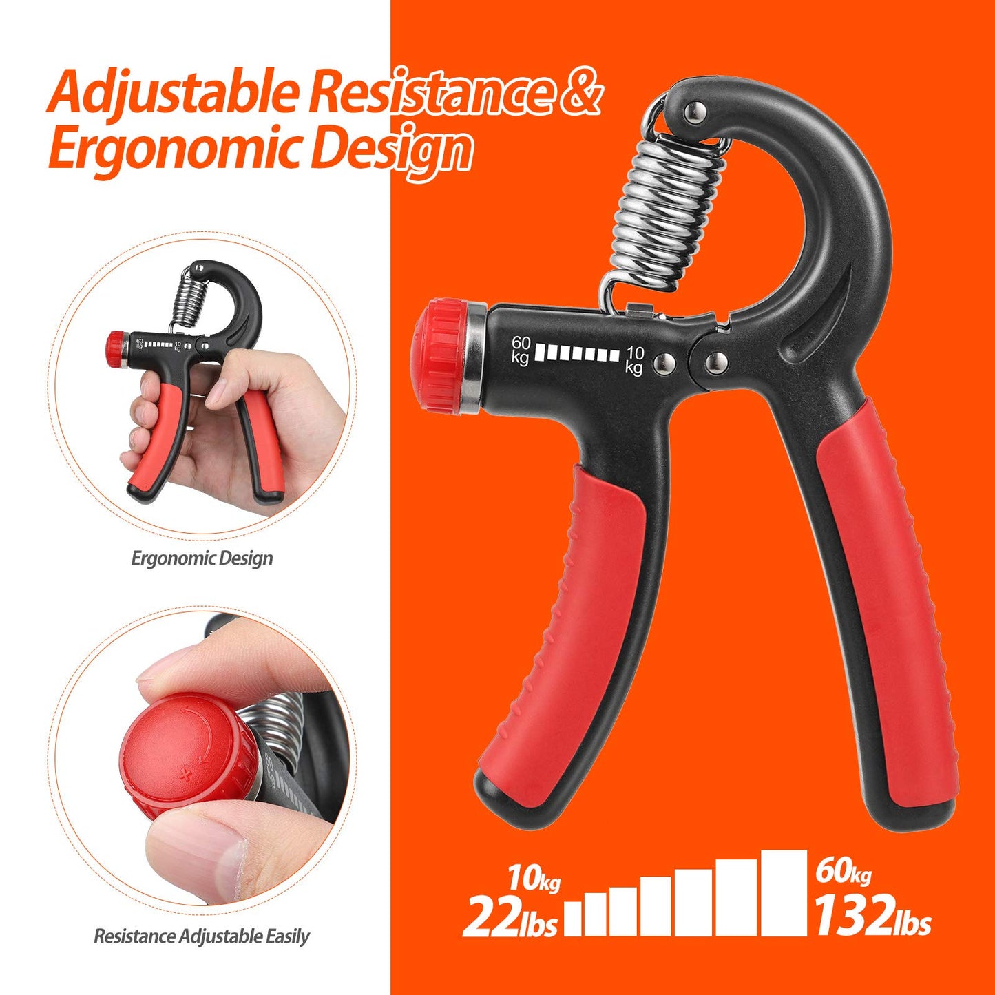 NIYIKOW Grip Strength Trainer, Hand Grip Strengthener, Grip Strengthener, Adjustable Resistance, Forearm Strengthener, Perfect for Musicians Athletes (Orange, 1 Pack)