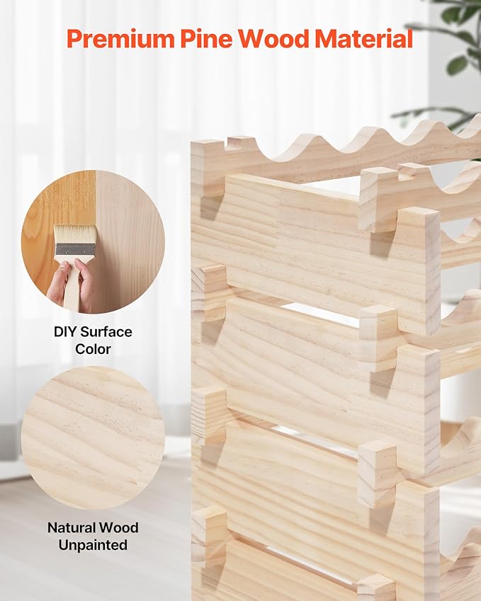 VEVOR 96 Bottle Stackable Modular Wine Rack, 8-Tier, Floor Freestanding Wine Storage Rack, Solid Wood Wines Display Shelf, Wobble-Free Shelves, Easy Assembly, for Kitchen, Cellar, and Bar, Natural