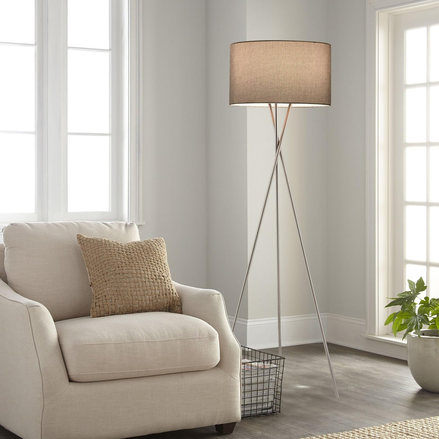 Kira Home Sadie 60 Mid Century Modern Tripod Led Floor Lamp, Brushed Nickel Finish, Gray Shade, Model Rv-F5017-Bn-Gr, Eco-Friendly Bulb Included