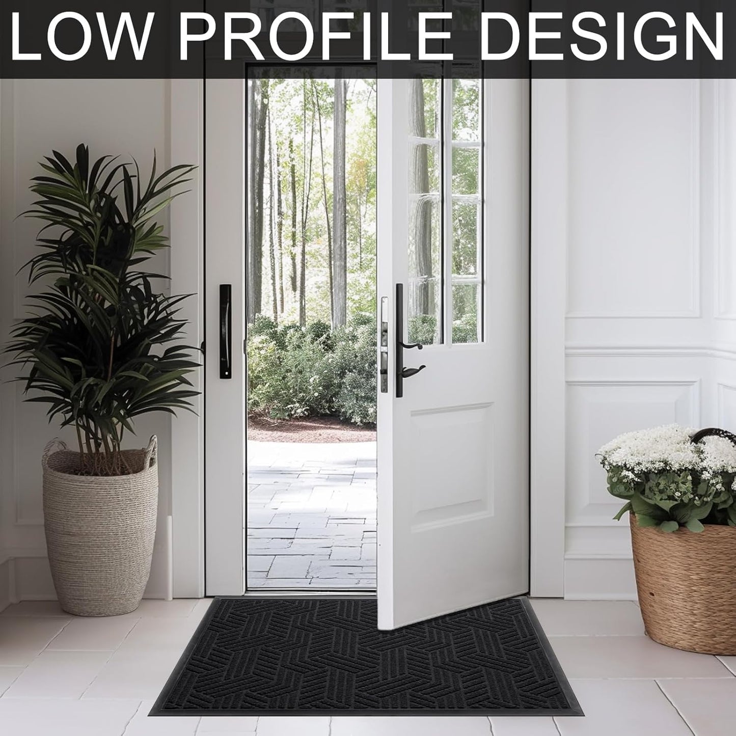 Front Door Mat 29.5"x17" Indoors Outdoors Welcome Mats, Waterproof Non-Slip Rubber Backing Heavy Duty Doormat Outside Entrance, Low Profile Entryway Rugs Floor Mat for Patio, Pattern B Black