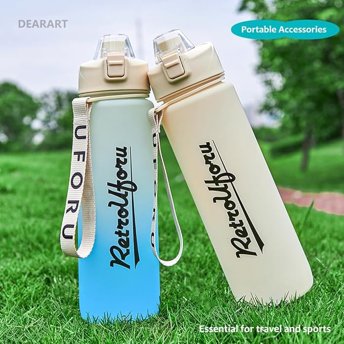 DEARART 32oz White&Blue Water Bottle With Motivational and Time Marker, BPA FREE Quick Drink No Straw, Easy Clean Suit Sports Office Gym School ect.