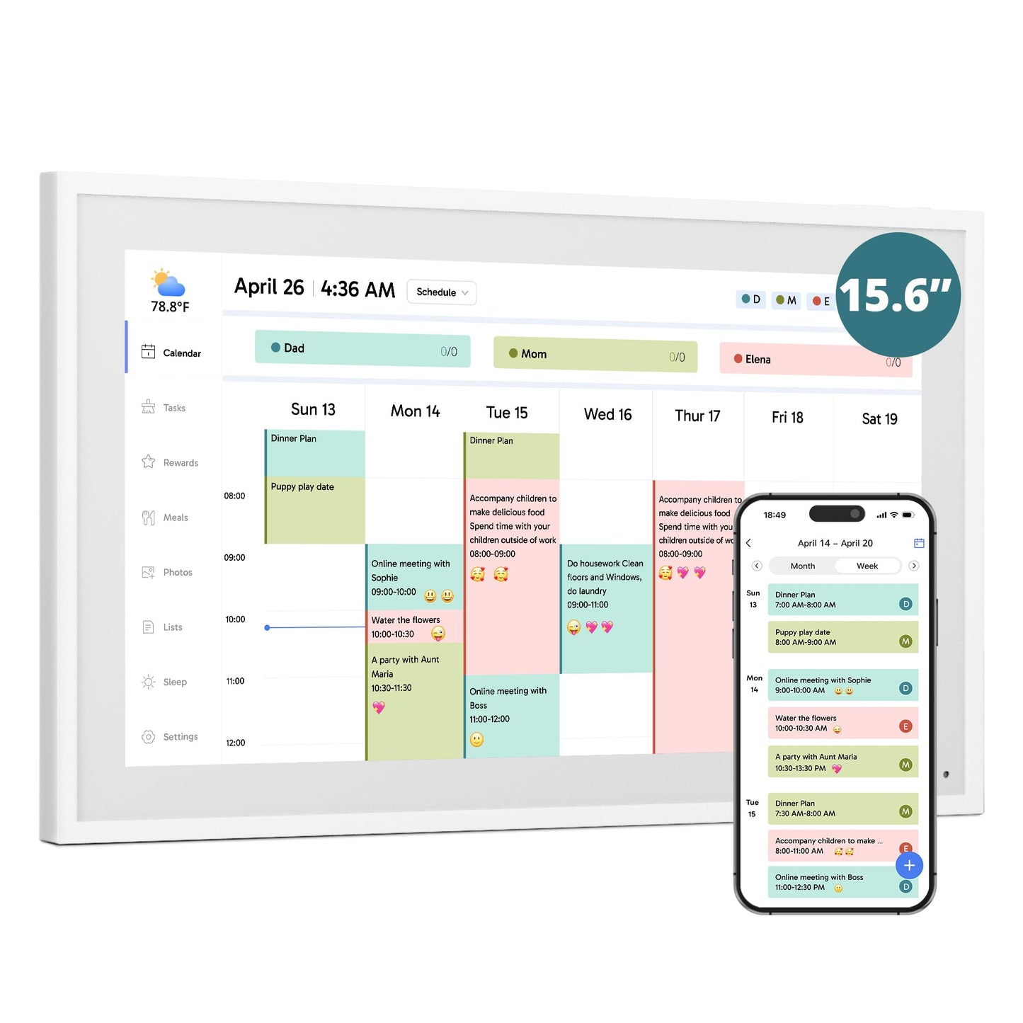 Digital Calendar 15.6-Inch Smart Chore Chart, Home Electronic Wall/Tabletop Calendar With Interactive Display/Touch Screen For F