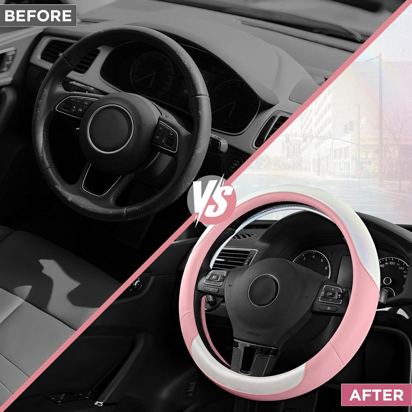 Road Comforts Steering Wheel Cover – Breathable Leather Steering Wheel Cover, Anti-Slip Grip, Universal Fit 14.5” to 15”, Heat & Cold Resistant for Cars, SUVs, and Trucks –Shining White & Pink