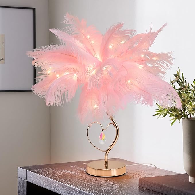 Pink Ostrich Feather Lamp Creative Furry Bedside Lamp Romantic Feather Table Lamp Fluffy Nightstand Lights for Girl Bedroom Wedding Decor Valentines Dating Livingroom Hotel Office