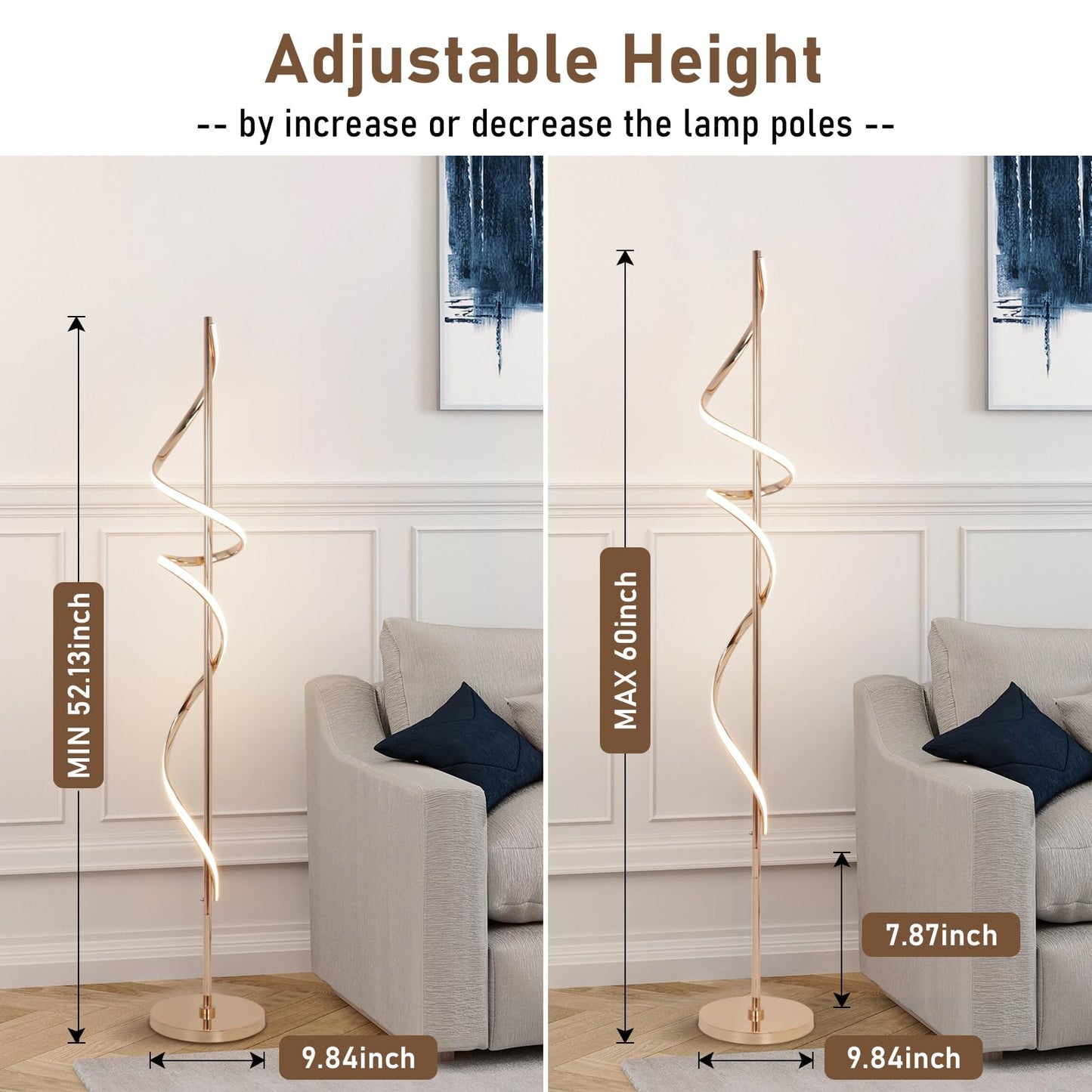 EIDISUNY LED Floor Lamp, 60in Spiral, Dimmable, 3 Color Temperatures, Remote Control, Model FL-YLC002GD, Gold