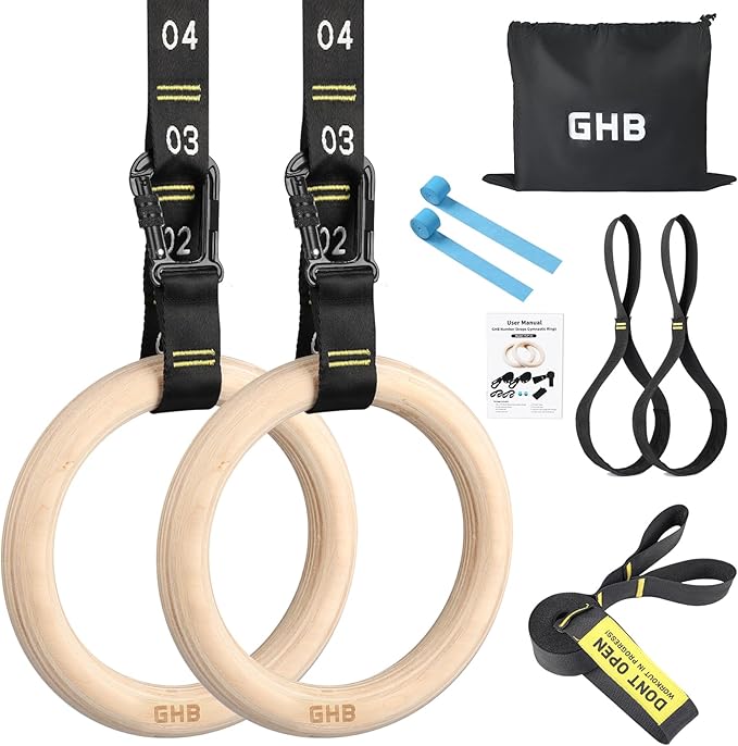 GHB Gymnastic Rings Wooden Gym Rings 1.25" Olympic Rings Adjustable Straps Pull Up Rings Sets for Workout Bodyweight Fitne...